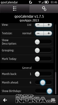 Настройки qooCalendar Widget для Symbian Anna