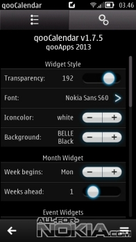 Настройки qooCalendar Widget для Symbian Belle