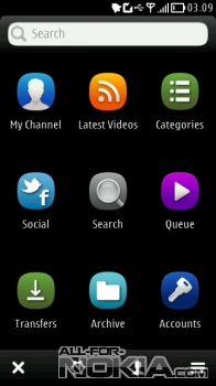 Главное меню Cutetube&nbsp;для Symbian Belle