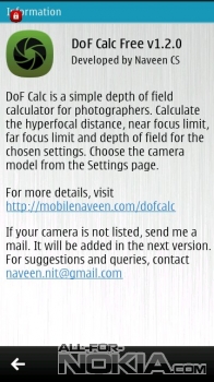    DOF Calc  Symbian 3